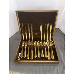 Gold Works LTD 48 Piece Gold Plated Stainless Steel Silverware, Boxed, Japan